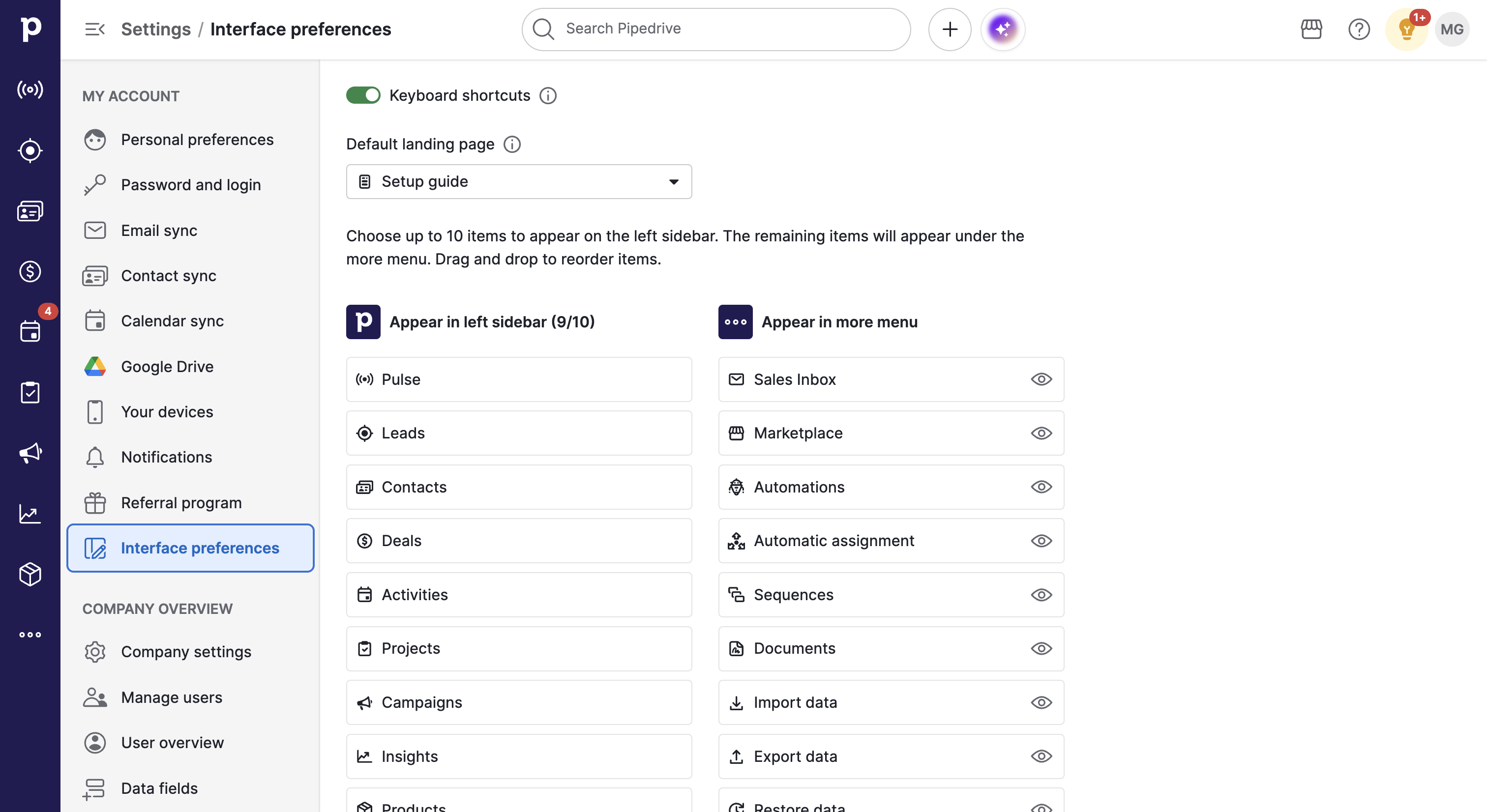 Personalizza menu