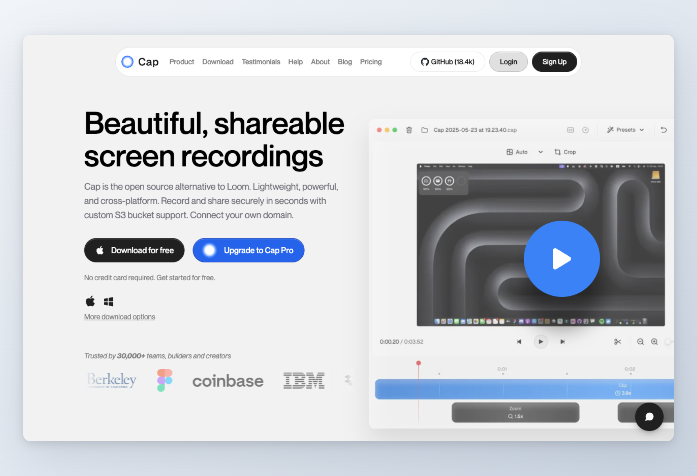 Screenshot of Cap interface