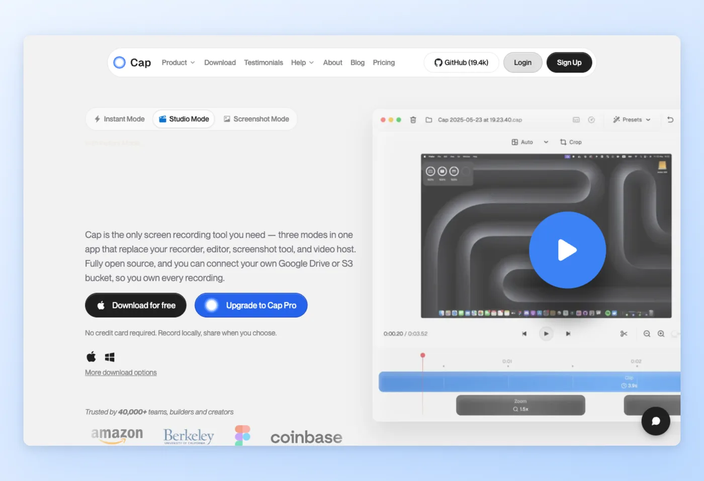 Screenshot of Cap interface