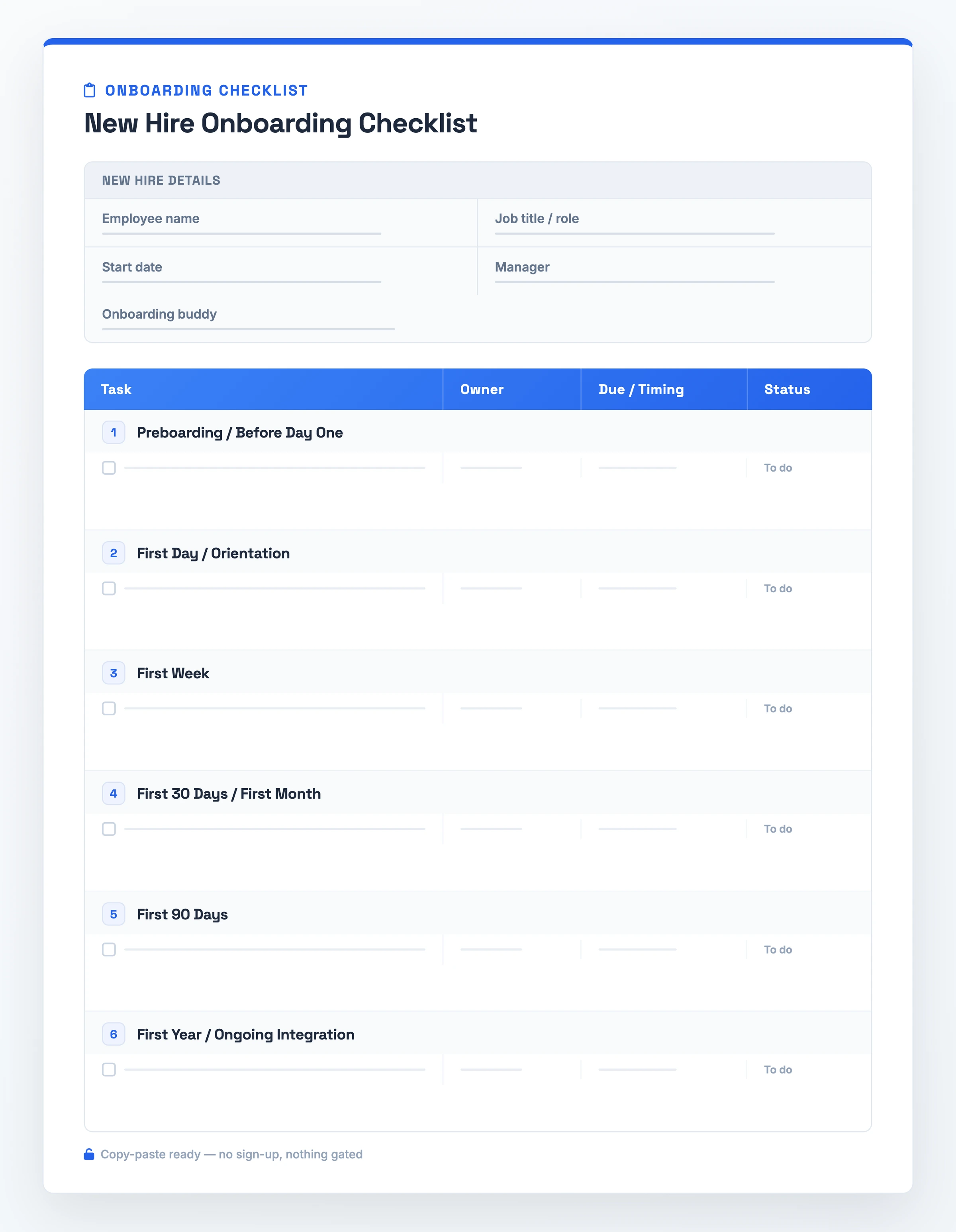 Preview of the onboarding checklist template showing the New Hire Details header above six phase sections from preboarding to the first year, each row carrying Task, Owner, Due/Timing, and Status columns