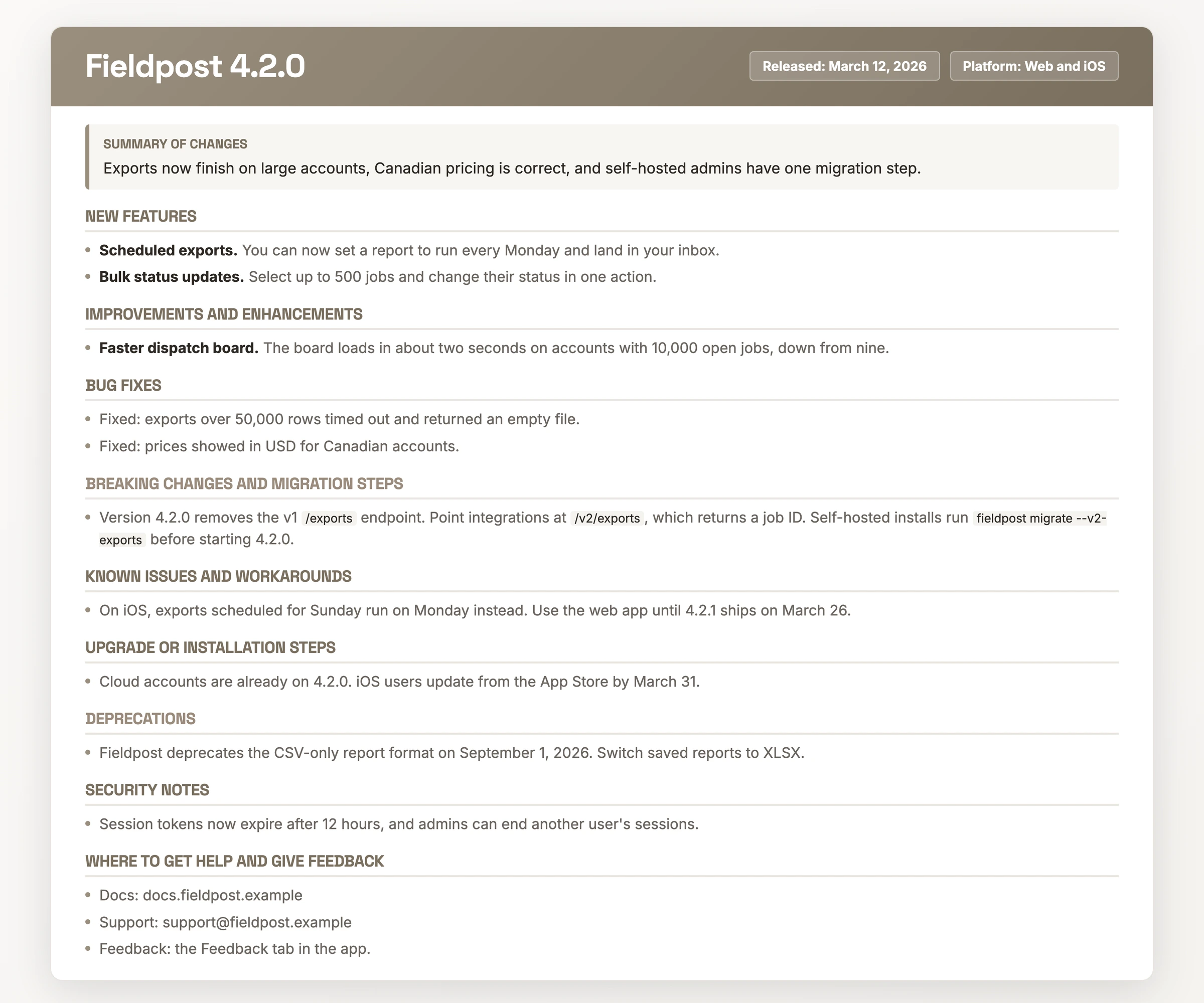 A fully filled release note showing every one of the eleven sections completed, including breaking changes and deprecations, which competitor examples leave out.